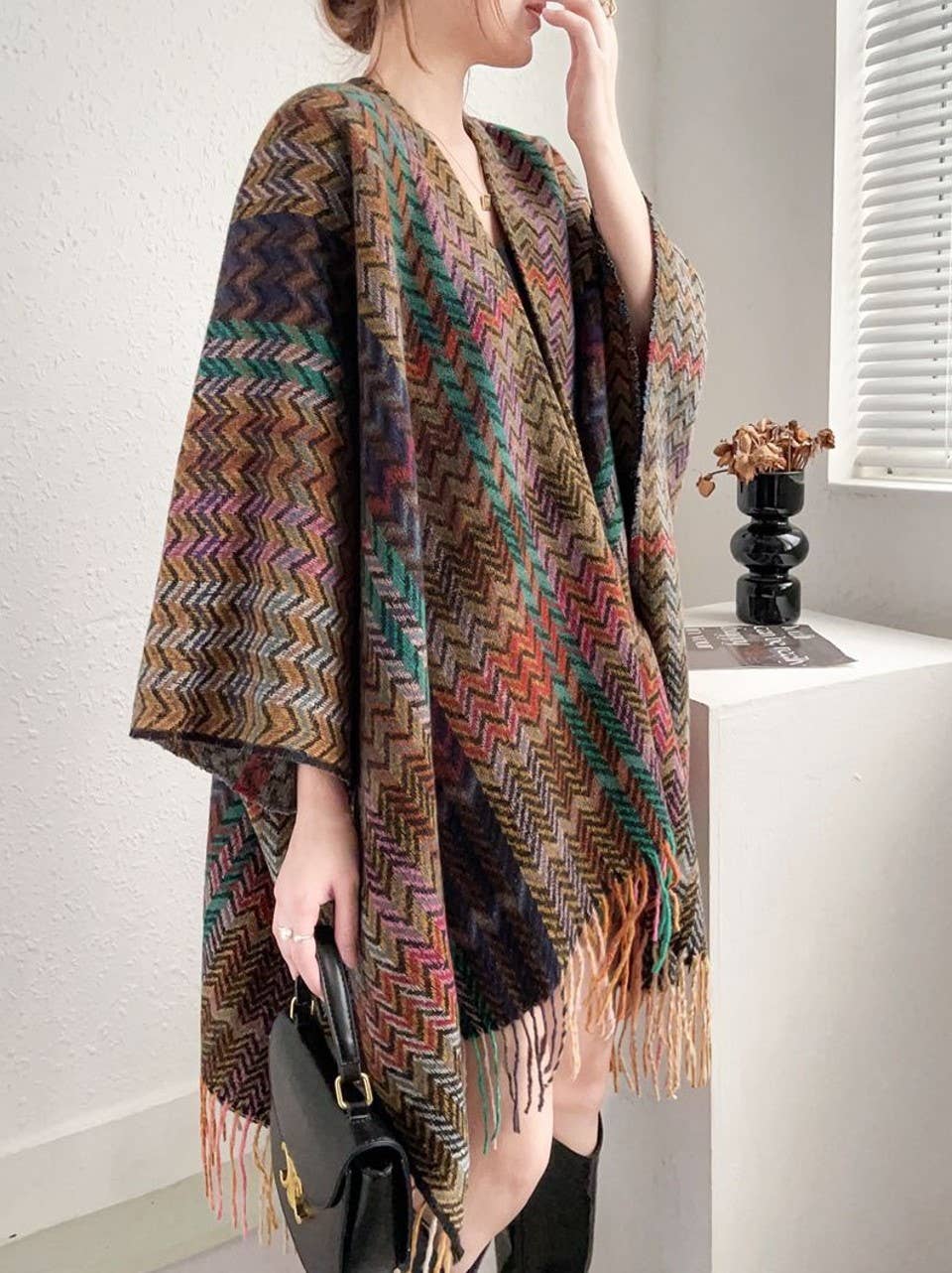 Pink green Fringe-Detailed Patterned Ruana