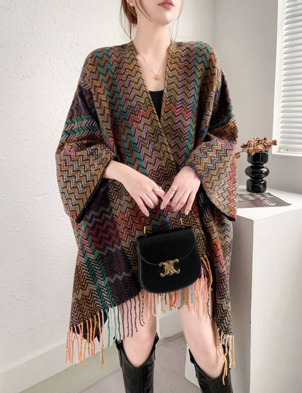 Pink green Fringe-Detailed Patterned Ruana