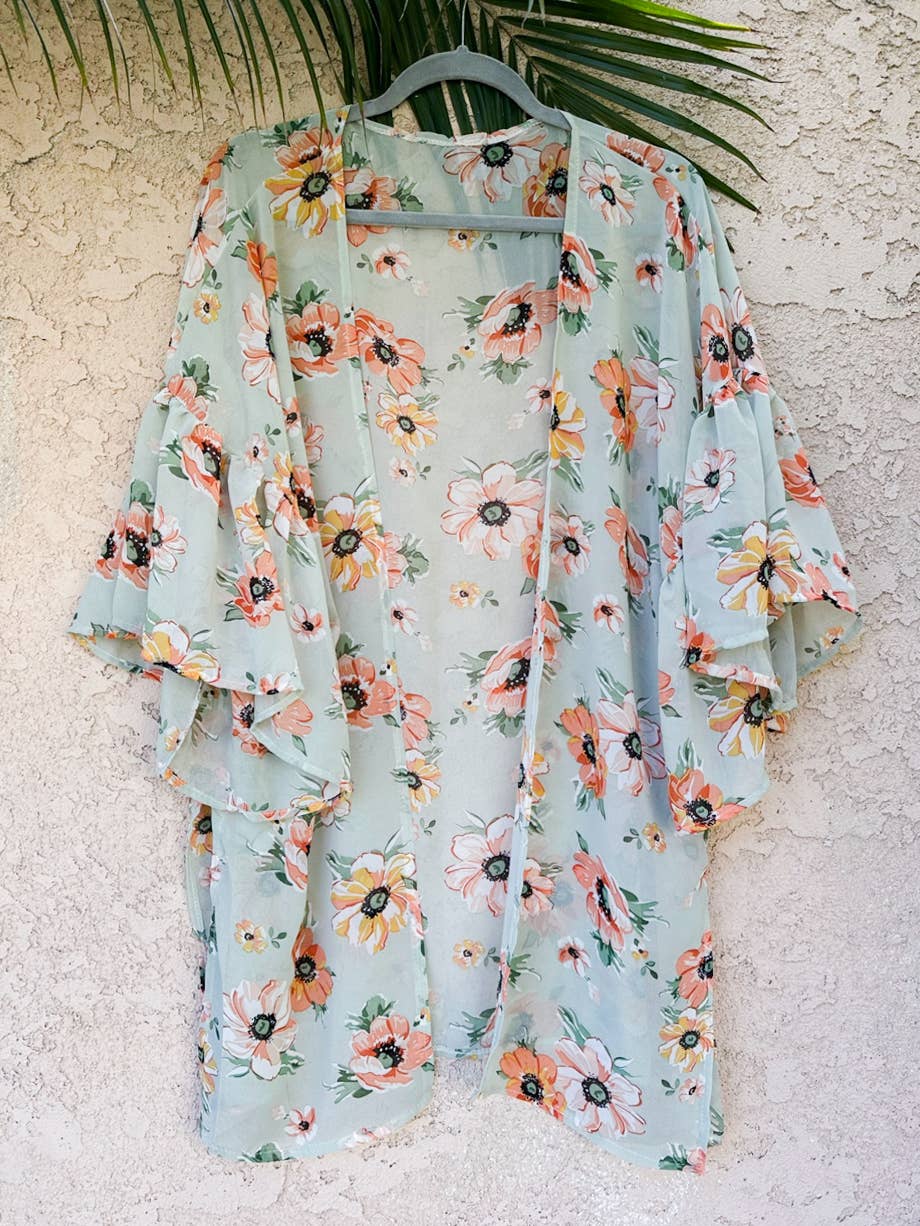 Floral Ruffled Sleeve Kimono