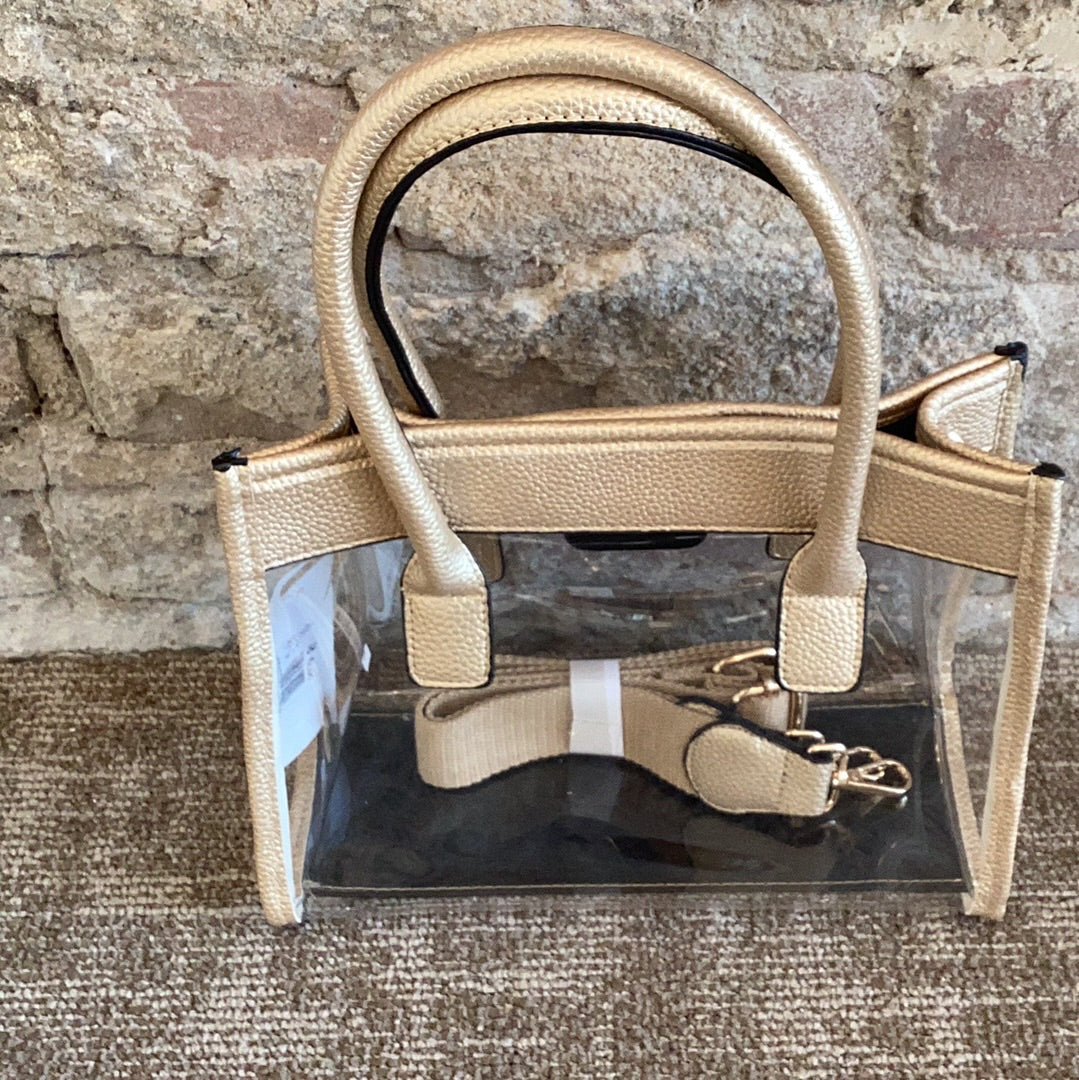 Gold trim clear hand bag