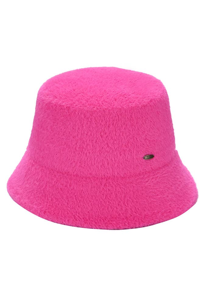 "Bright pink fuzzy bucket hat with a soft texture and a small metallic logo embellishment on the side.  One Size