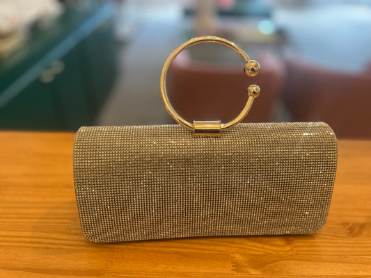 Circle Handle Rhinestone Clutch in Gold