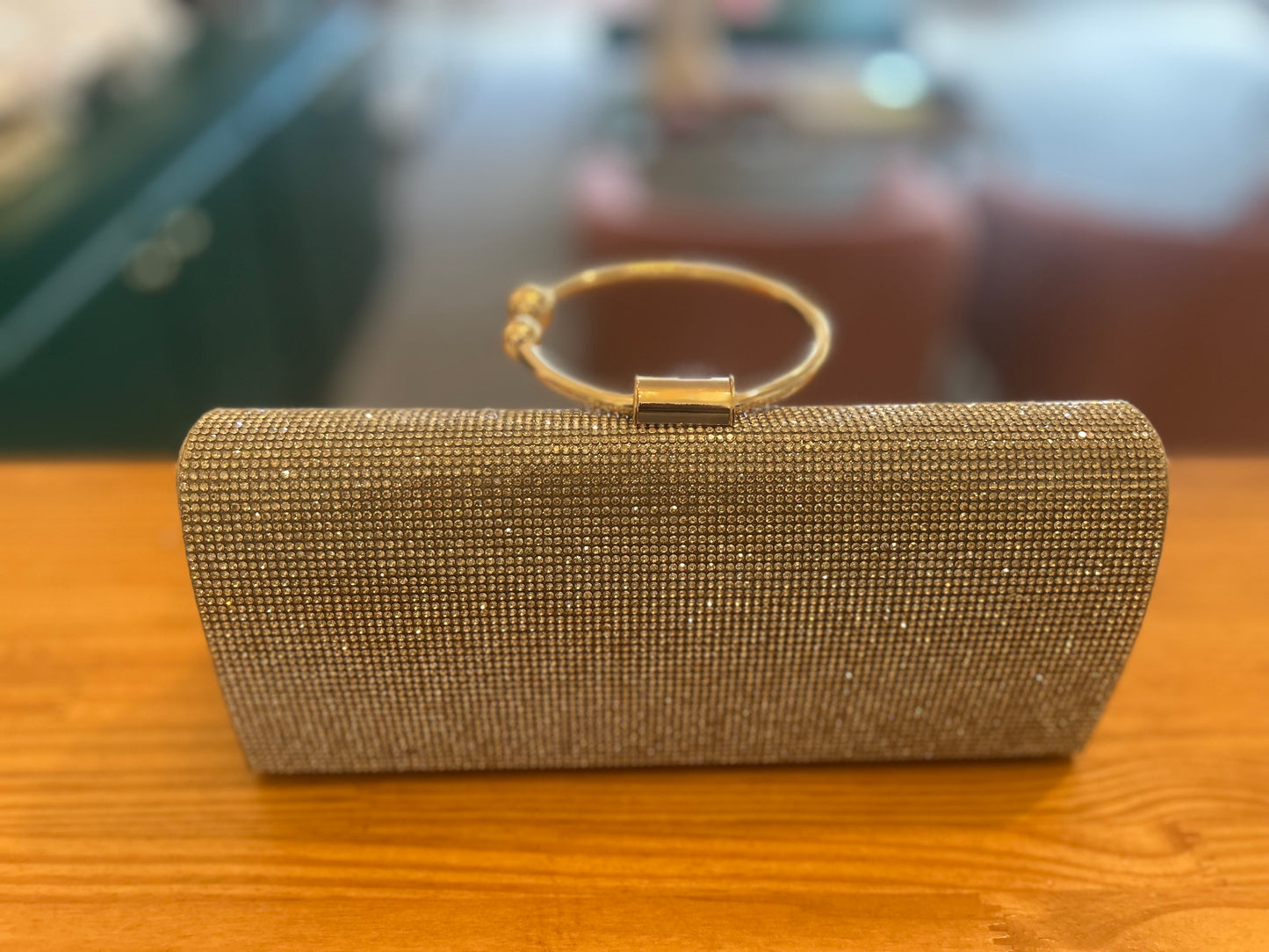 Circle Handle Rhinestone Clutch in Gold