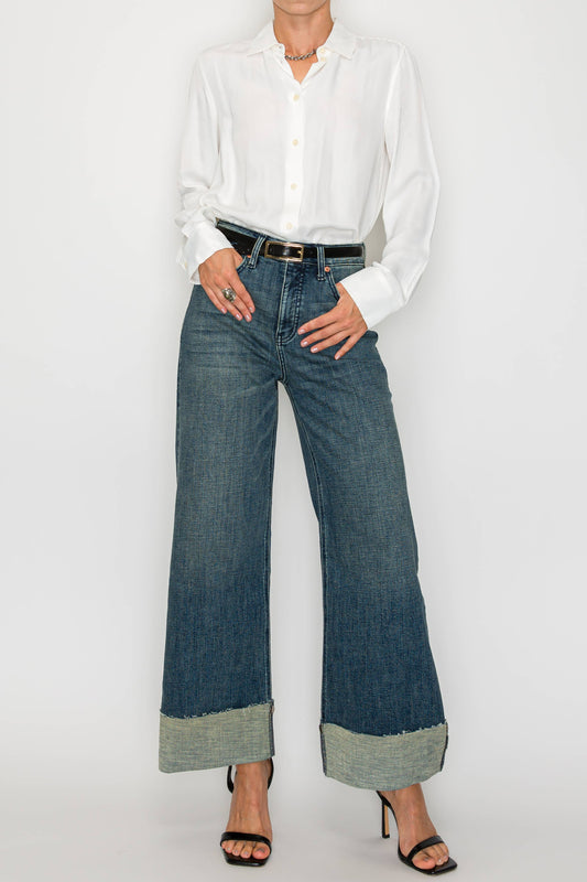 HIGH RISE CUFFED WIDE LEG JEANS
