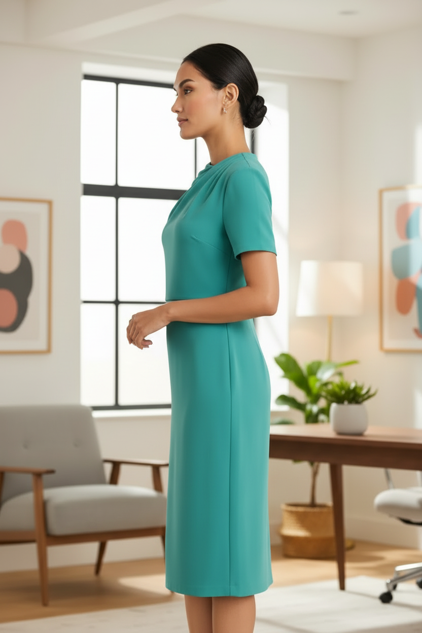 Teal Pleated Neck Dress