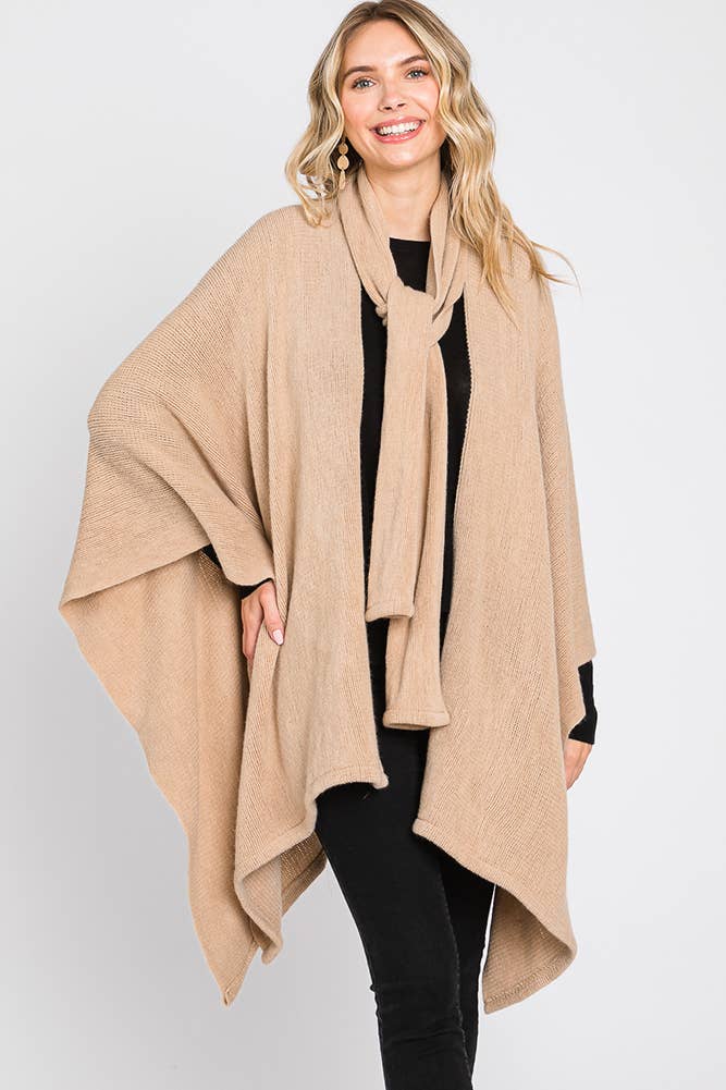 Neckline Tie Attached Scarf Cape