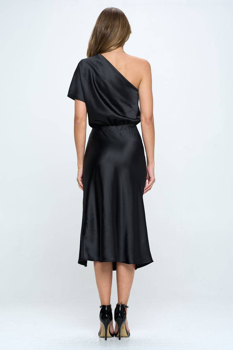 One Shoulder Satin Dress in Black Made in USA