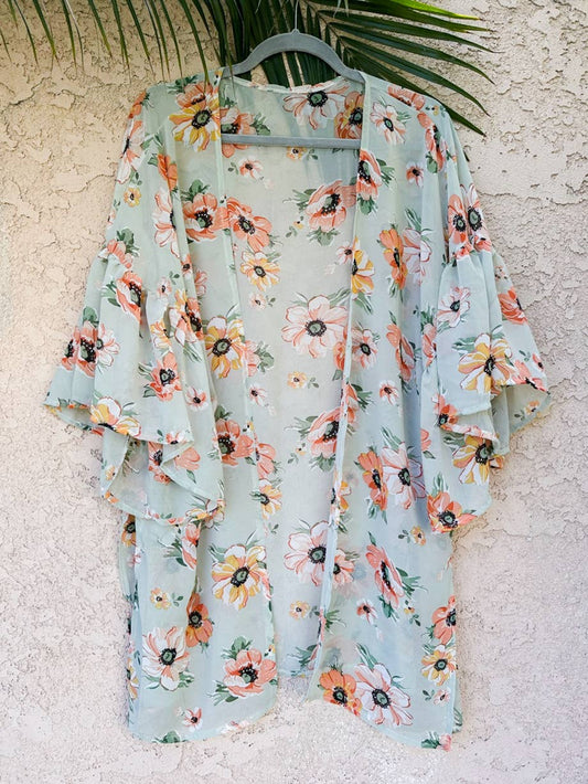 Floral  Ruffled Sleeve Kimono
