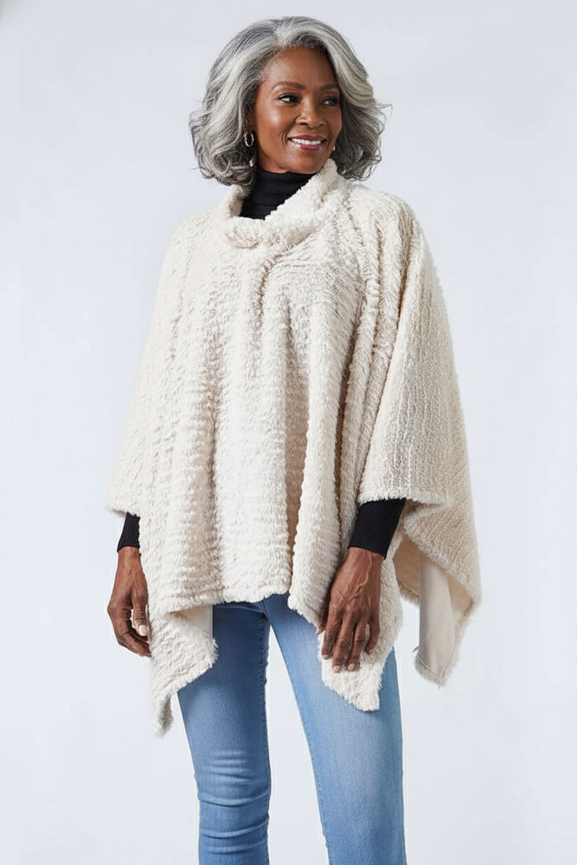 Stripe Pattern Faux Fur Poncho