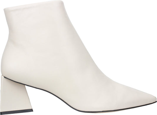 White leather ankle boots with a pointed toe and block heel, featuring a minimalist and modern design, ideal for fashion-forward women seeking versatile footwear.