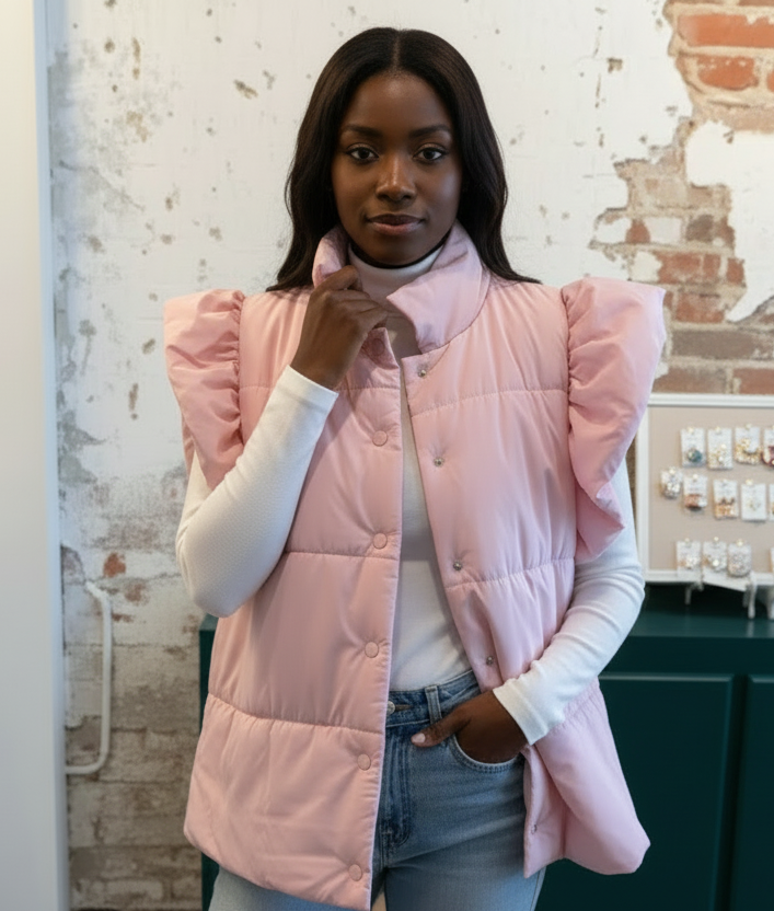Flutter Puffer Vest in Pink - Trendy Women's Sleeveless Jacket | The Savvy Pair