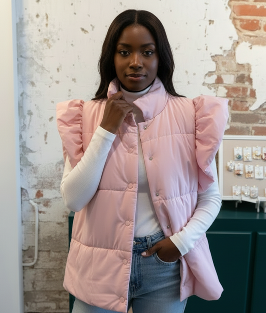 Flutter Puffer Vest in Pink - Trendy Women's Sleeveless Jacket | The Savvy Pair