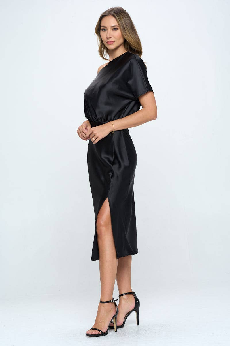 One Shoulder Satin Dress in Black Made in USA