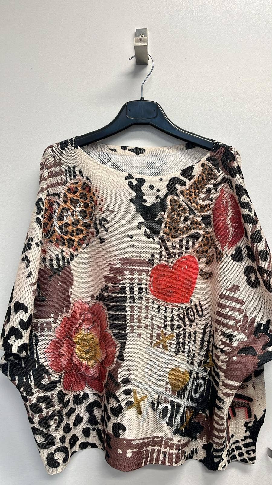 Leopard Heart Knit Printed Sweater