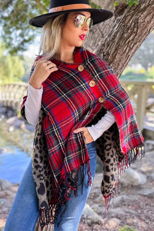 Red Plaid Leopard Reversible Ruana