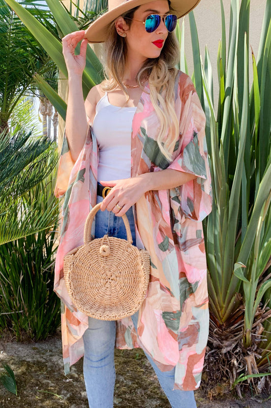 Pink Abstract Printed Kimono